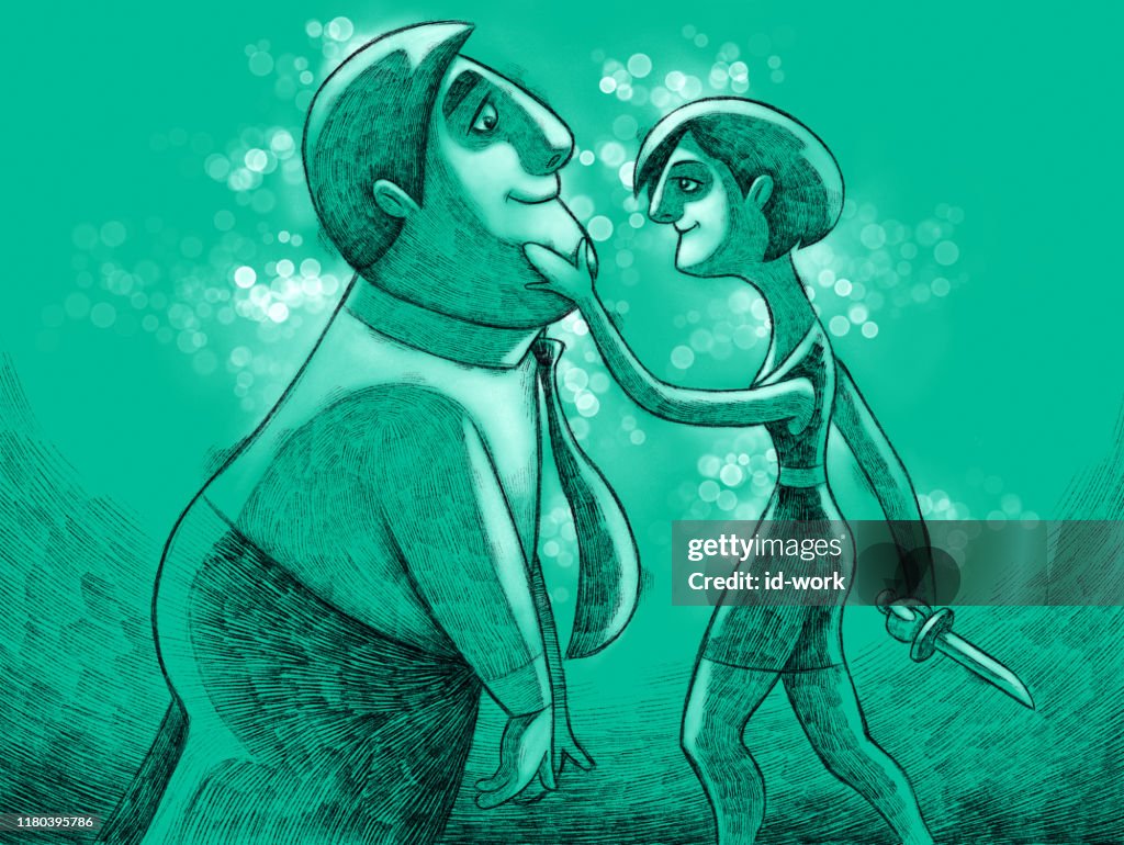 Businessman being attracted by woman with knife