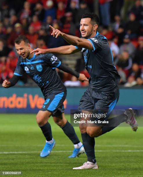 Adam Le Fondre of Sydney FC celebrates after scoring his teams third goal during the round one A-League match between Adelaide United and Sydney FC...
