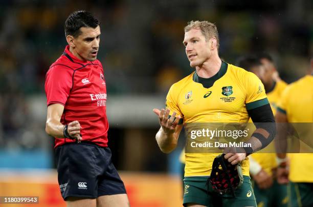 David Pocock of Australia speaks to Referee Pascal Gauzere during the Rugby World Cup 2019 Group D game between Australia and Georgia at Shizuoka...