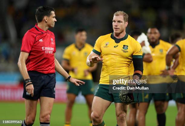 David Pocock of Australia speaks to Referee Pascal Gauzere during the Rugby World Cup 2019 Group D game between Australia and Georgia at Shizuoka...