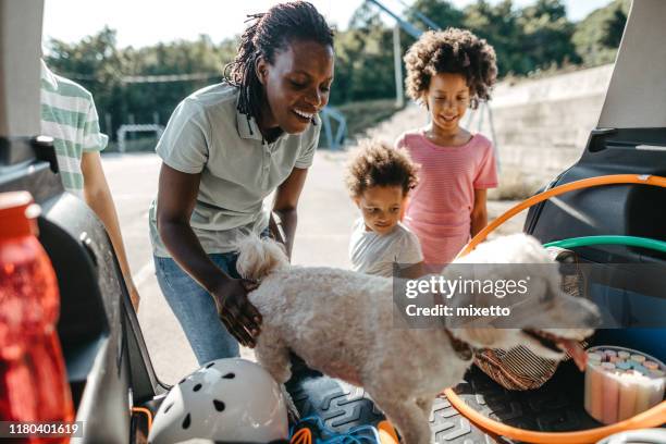 familia feliz con su perro mascota empacando cosas en el maletero del coche - family children dog fotografías e imágenes de stock