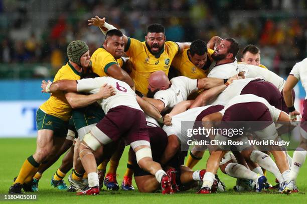 The Australian pack compete against the georgian pack during the Rugby World Cup 2019 Group D game between Australia and Georgia at Shizuoka Stadium...