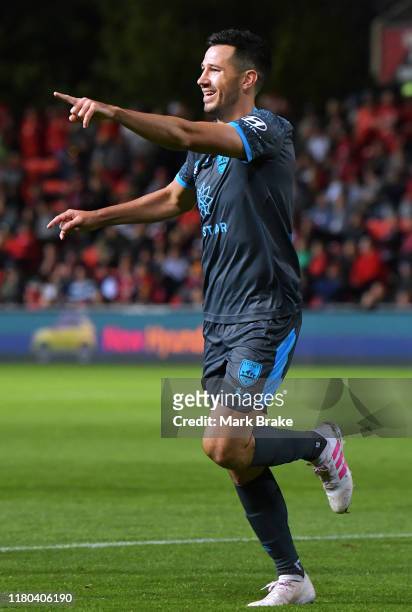 Ryan McGowan of Sydney FC celebrates after scoring his teams third goal during the round one A-League match between Adelaide United and Sydney FC at...