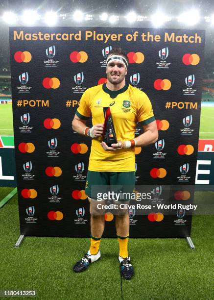 Izack Rodda of Australia poses with the Mastercard Player of the Match trophy following the Rugby World Cup 2019 Group D game between Australia and...