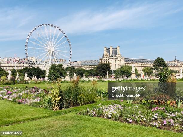 ferry wiel in de tuilerieën en het louvre, in parijs, frankrijk - tuilerieën tuin stockfoto's en -beelden