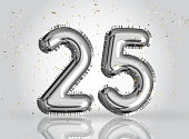 25 years anniversary. Happy birthday joy celebration.Silver balloons & confetti for greeting card