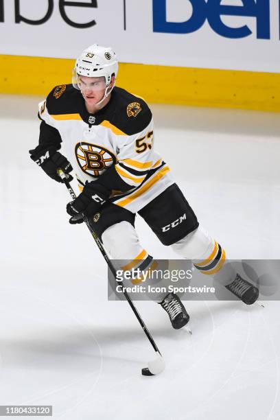 Boston Bruins center Cameron Hughes skates with the puck at warm-up before the Boston Bruins versus the Montreal Canadiens game on November 05 at...