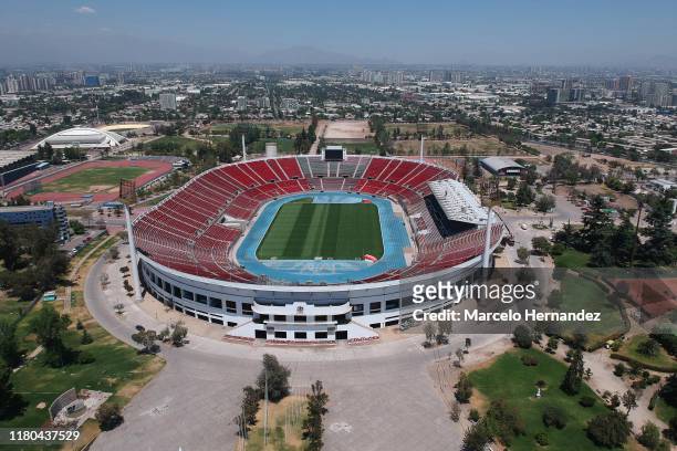 Aerial view of National Stadium Julio Martinez Pradanos on November 6, 2019 in Santiago, Chile. As a result of the protests that started on October...