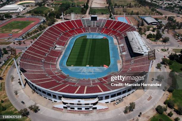 Aerial view of National Stadium Julio Martinez Pradanos on November 6, 2019 in Santiago, Chile. As a result of the protests that started on October...