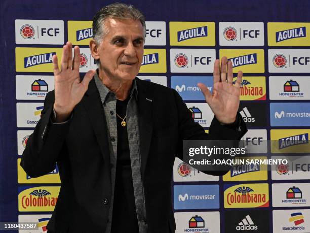 Colombia's national football team head coach, Portuguese Carlos Queiroz, gestures during press conference to announce the list of players ahead of...