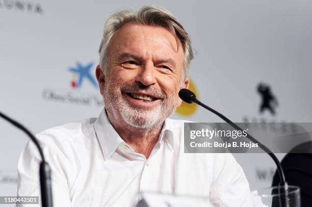 Actor Sam Neill attends a press conference during day 9 of the 52nd edition of the Sitges Fantastic Film Festival on October 11, 2019 in Sitges,...