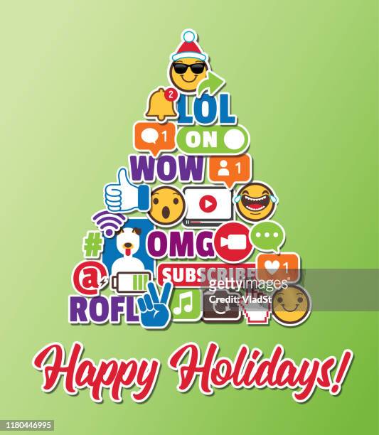 weihnachtsbaum urlaub grußkarte mit social media emoticons internet online chat icons - follower soziale medien stock-grafiken, -clipart, -cartoons und -symbole