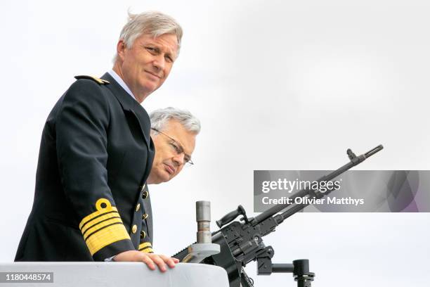 King Philippe of Belgium and Defense Minister Didier Reynders visit the Leopold I frigate of the Belgian Navy, part of the Standing Gibraltar...