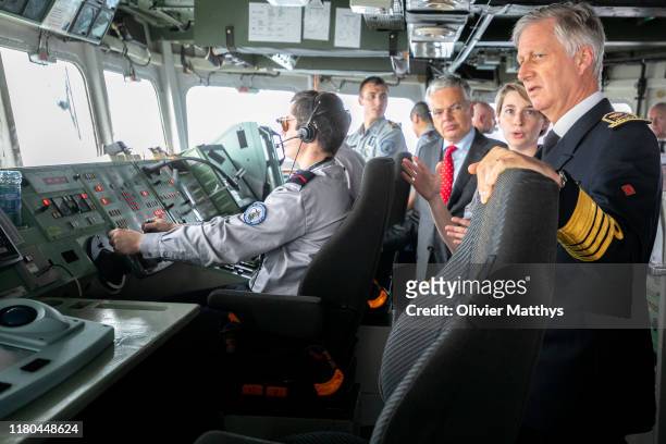 King Philippe of Belgium and Defense Minister Didier Reynders visit the Leopold I frigate of the Belgian Navy, part of the Standing Gibraltar...
