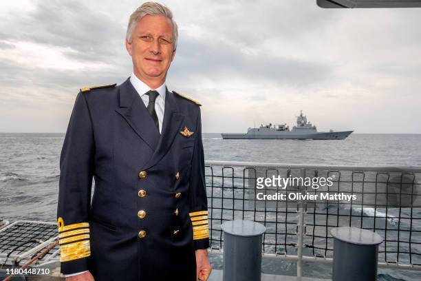 King Philippe of Belgium visits the Leopold I frigate of the Belgian Navy, part of the Standing Gibraltar Maritime Group I, on in the Street of...