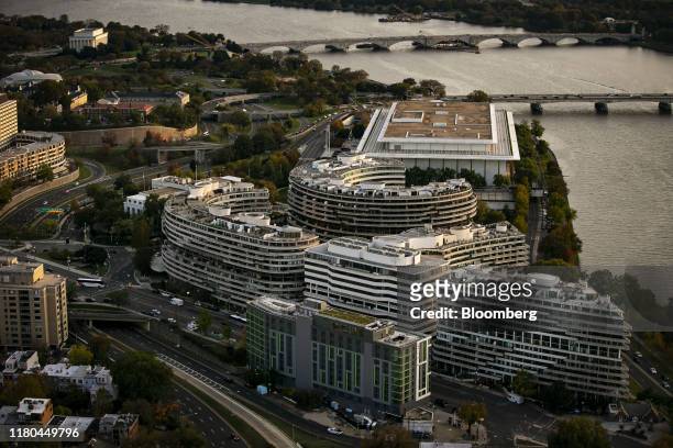 The Watergate Hotel complex is seen beside the Potomac River in this aerial photograph taken above Washington, D.C., U.S., on Tuesday, Nov. 4, 2019....