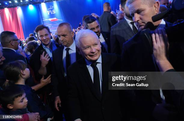 Jaroslaw Kaczynski, leader of the right-wing Law and Justice political party, departs after attending a PiS election rally on the last day of...