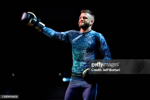 Calvin Kattar holds an open training session for fans and media during UFC Fight Night open workouts at Arbat Hall on November 6, 2019 in Moscow,...