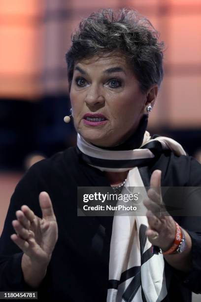 Global Optimisms Founding Partner Christiana Figueres speaks during the annual Web Summit technology conference in Lisbon, Portugal on November 6,...