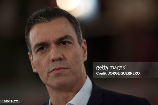 Spanish Prime Minister and candidate for the Spanish Socialist PSOE party Pedro Sanchez delivers a speech during a campaign rally in Torremolinos, on...