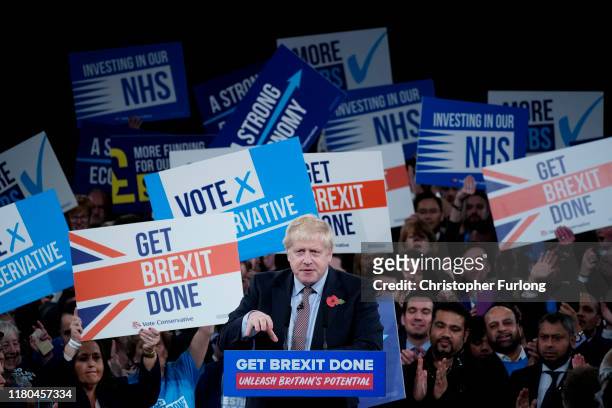 Prime Minister Boris Johnson talks onstage at the launch of the Conservative Party's General Election campaign at the National Exhibition Centre on...