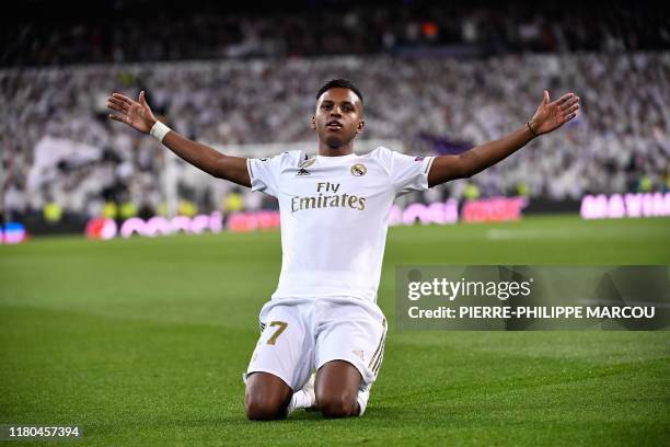 Real Madrid's Brazilian forward Rodrygo celebrates after scoring during the UEFA Champions League Group A football match between Real Madrid and...