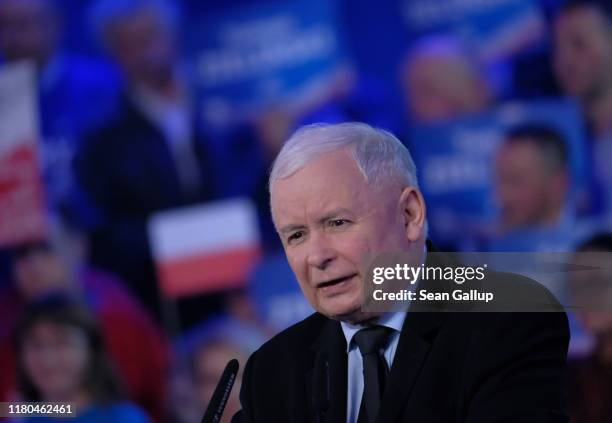 Jaroslaw Kaczynski, leader of the right-wing Law and Justice political party, speaks at a PiS election rally on the last day of campaigning on...