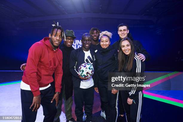 Michy Batshuayi, Ian Wright, N'Golo Kante, Moise Kean, Lauren James, Kepa Arrizabalaga and Katie Zelem are pictured at the launch of adidas Uniforia...