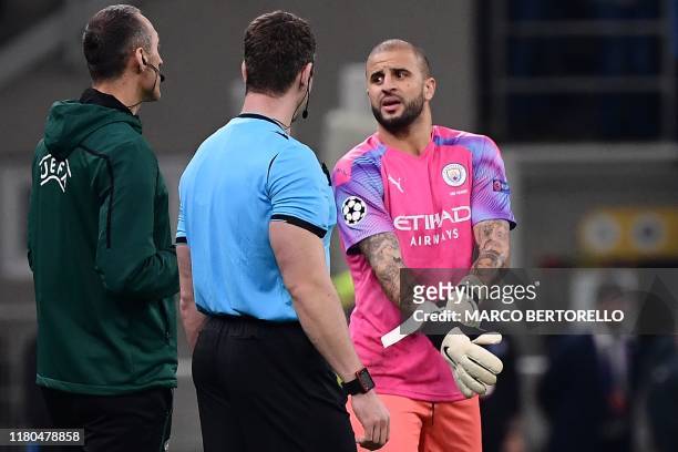 Manchester City's English defender Kyle Walker prepares to enter the pitch as a replacing goalkeeper during the UEFA Champions League Group C...