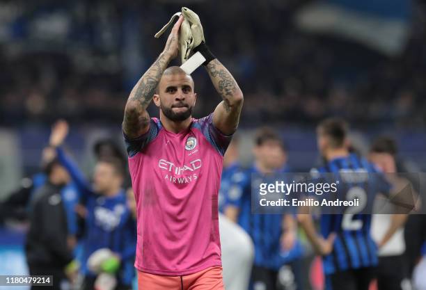 Kyle Walker of Manchester City greets the fans after playing the goalkeeper position at the end of the UEFA Champions League group C match between...