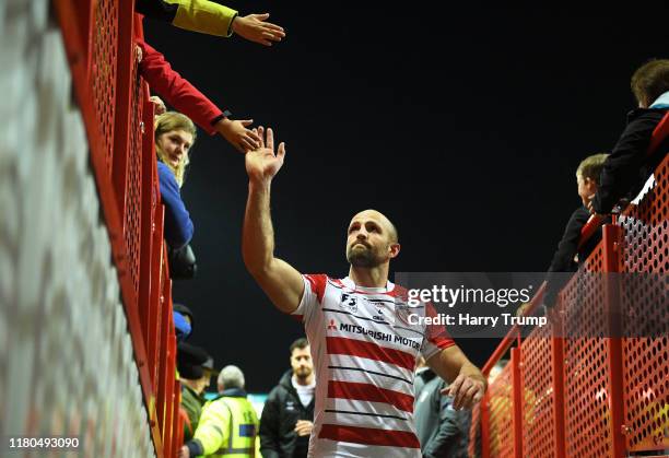 Charlie Sharples of Gloucester Rugby embraces the crowd during the Premiership Rugby Cup Fourth Round match between Gloucester Rugby and Bath Rugby...