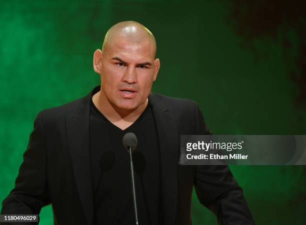 Former UFC heavyweight champion Cain Velasquez speaks at a WWE news conference at T-Mobile Arena on October 11, 2019 in Las Vegas, Nevada. Velasquez...