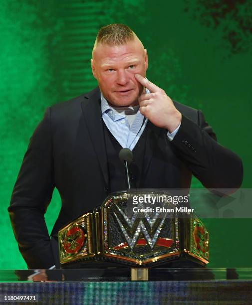 Champion Brock Lesnar speaks during a WWE news conference at T-Mobile Arena on October 11, 2019 in Las Vegas, Nevada. Lesnar will face former UFC...