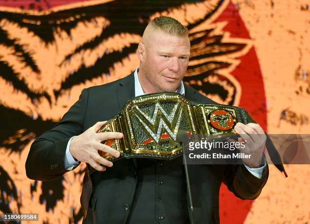Champion Brock Lesnar is introduced at a WWE news conference at T-Mobile Arena on October 11, 2019 in Las Vegas, Nevada. Lesnar will face former UFC...