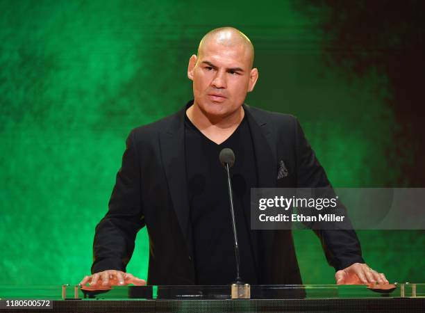 Former UFC heavyweight champion Cain Velasquez speaks at a WWE news conference at T-Mobile Arena on October 11, 2019 in Las Vegas, Nevada. Velasquez...