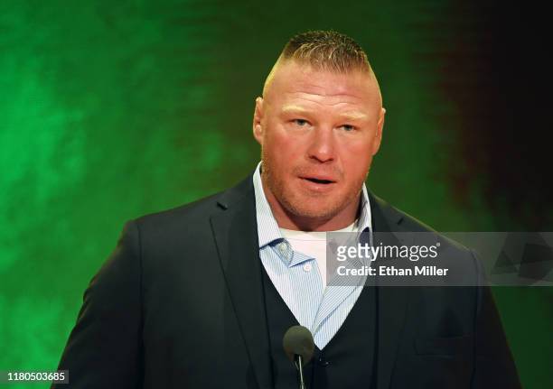 Champion Brock Lesnar speaks during a WWE news conference at T-Mobile Arena on October 11, 2019 in Las Vegas, Nevada. Lesnar will face former UFC...