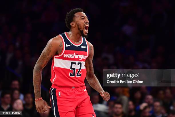 Jordan McRae of the Washington Wizards reacts during the second quarter of their game against the New York Knicks at Madison Square Garden on October...