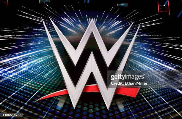 Logo is shown on a screen before a WWE news conference at T-Mobile Arena on October 11, 2019 in Las Vegas, Nevada. It was announced that WWE wrestler...