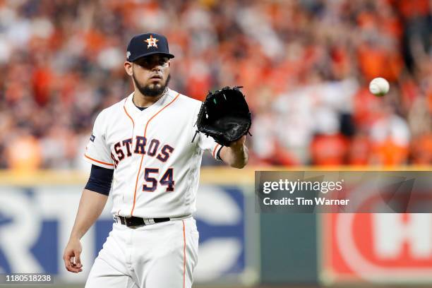 Roberto Osuna of the Houston Astros reacts in the ninth inning against the Tampa Bay Rays at Minute Maid Park on October 10, 2019 in Houston, Texas.