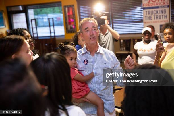Virginia state senate candidate Joe Morrissey talks to supporters after winning the primary vote at Plaza Mexico Mexican Restaurant in Petersburg, VA...
