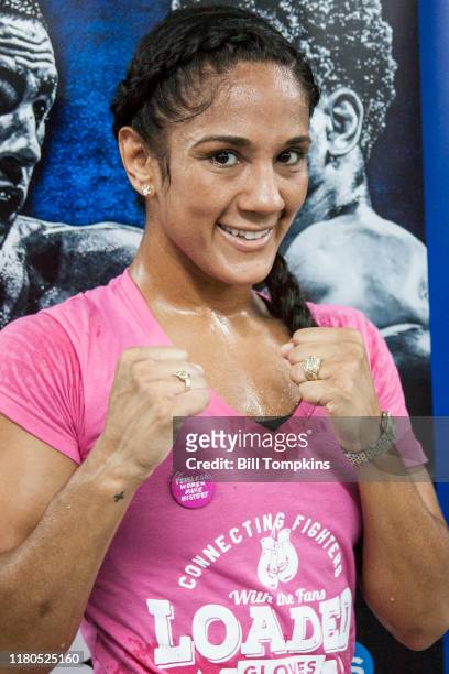Amanda Serrano works out and speaks to the press during the media workout event at Gleason's Gym on September 5, 2018 in Brooklyn.