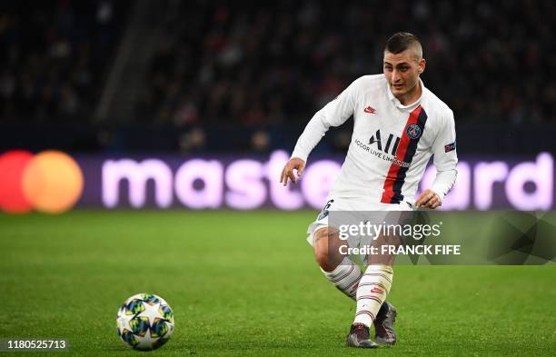 Paris Saint-Germain's Italian midfielder Marco Verratti plays the ball during the UEFA Champions League Group A football match between Paris...