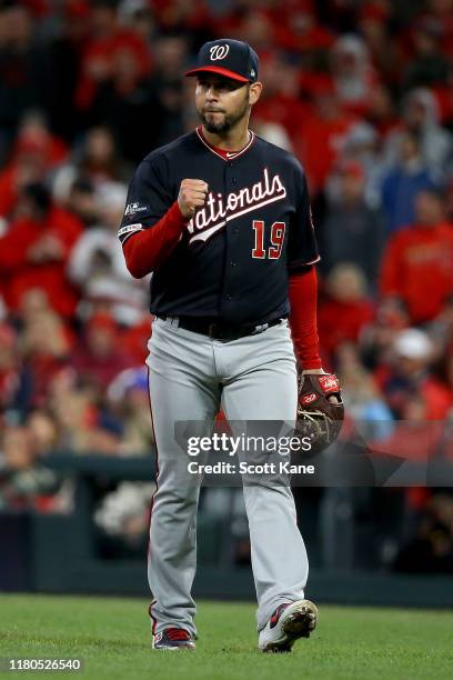 Anibal Sanchez of the Washington Nationals walks off the field after retiring the side in the seventh inning against the St. Louis Cardinals in game...