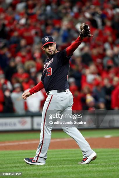 Anibal Sanchez of the Washington Nationals acknowledges Jose Martinez of the St. Louis Cardinals who singled to secure the first base hit of the game...