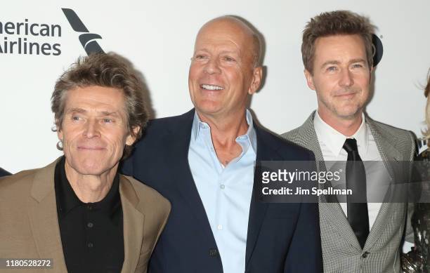 Actors Willem Dafoe, Bruce Willis and director/actor Edward Norton attend the "Motherless Brooklyn" premiere during the 57th New York Film Festival...