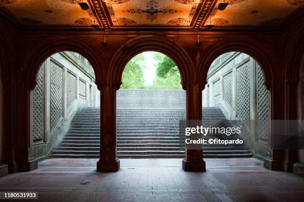 bethesda arcade in central park new york - new york central park fountain stock pictures, royalty-free photos & images