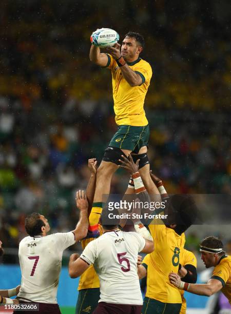 Wallabies player Rory Arnold wins a lineout ball during the Rugby World Cup 2019 Group D game between Australia and Georgia at Shizuoka Stadium Ecopa...