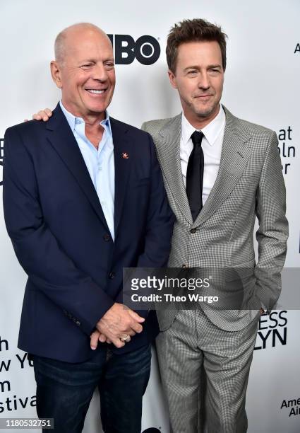 Bruce Willis and Edward Norton attend the "Motherless Brooklyn" Arrivals during the 57th New York Film Festival on October 11, 2019 in New York City.