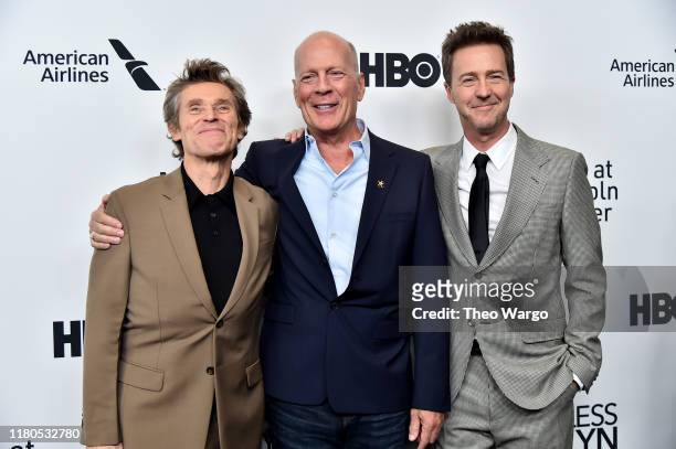 Willem Dafoe, Bruce Willis, and Edward Norton attend the "Motherless Brooklyn" Arrivals during the 57th New York Film Festival on October 11, 2019 in...