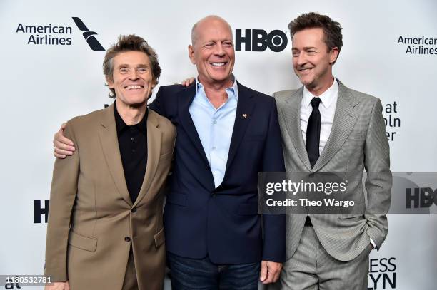 Willem Dafoe, Bruce Willis, and Edward Norton attend the "Motherless Brooklyn" Arrivals during the 57th New York Film Festival on October 11, 2019 in...